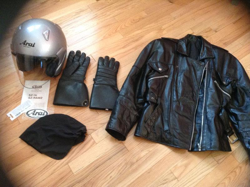Motorcycle helmet, ladies jacket and gloves