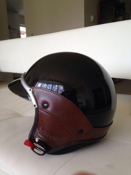 Vintage Vespa helmet. Black and brown leather. Motorcycle helmet