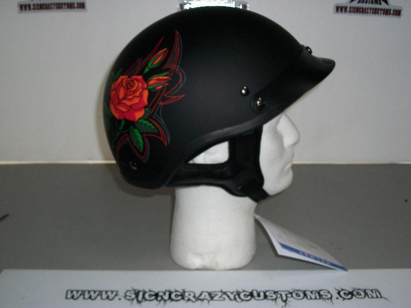 HLD Matt Black PinStripe Rose Design Beanie Helmet, Large