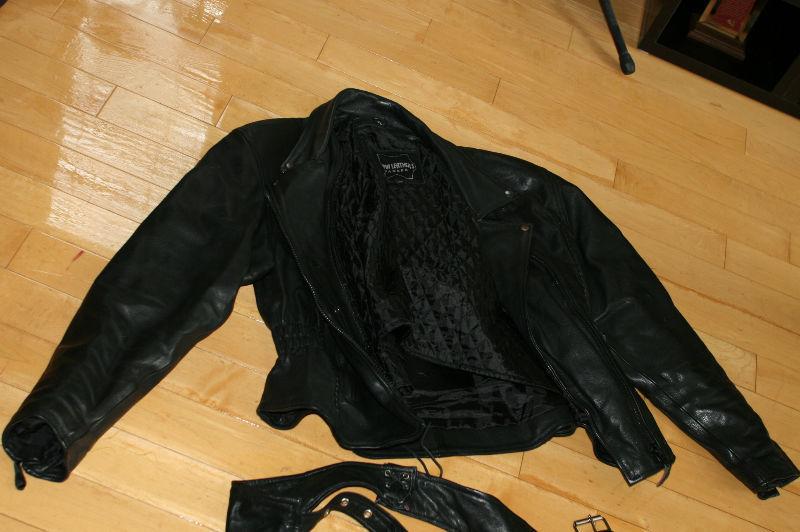 ladies leather motorcycle jacket and frilly,blingy chaps