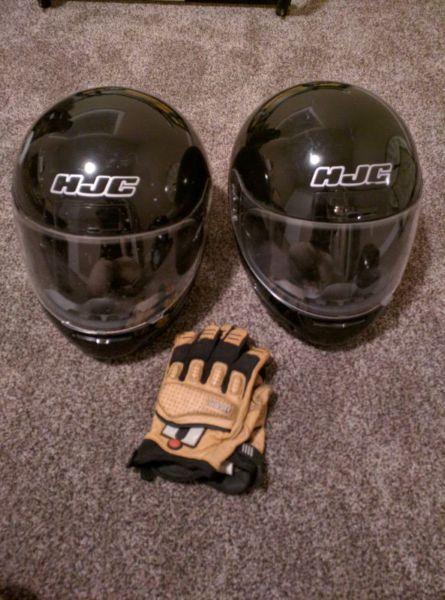 HJC black helmets and iicon leather gloves
