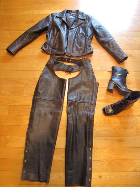 Ladies Heavy Leather Motorcycle Outfit (Jacket, Chaps, Boots)