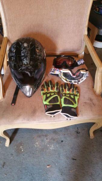Dirt bike helmet riding gloves an 2 sets of goggles 60 obo