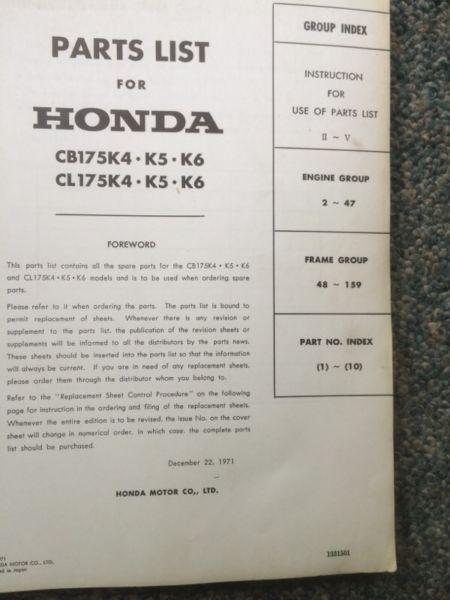 1972 Honda CB175 CL175 Parts List