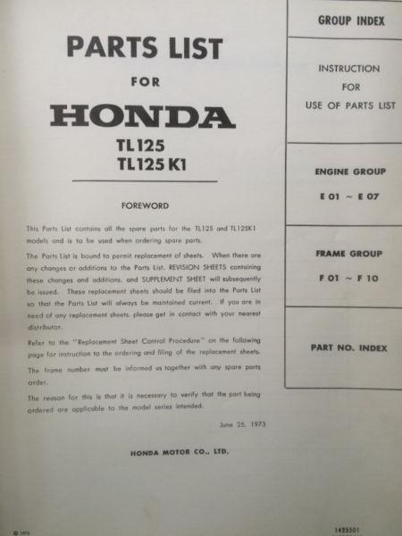 1973 Honda TL125 Parts List