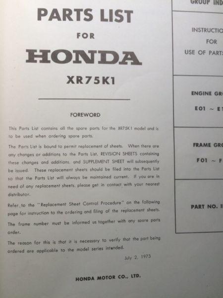 1973 Honda XR75 Parts List