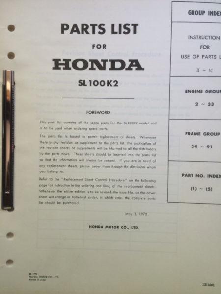 1972 Honda SL100 Parts List