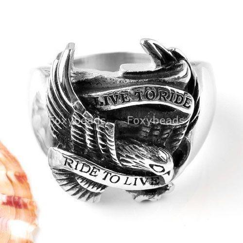 Mens 316L Stainless Steel RING Biker Eagle Hawk Live To Ride
