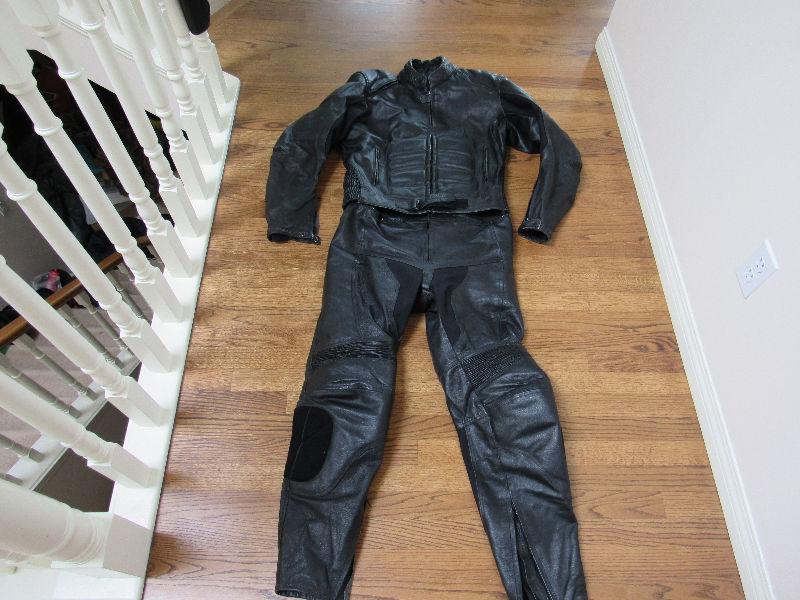 Black leather motorcycle jacket, pants helmet - medium