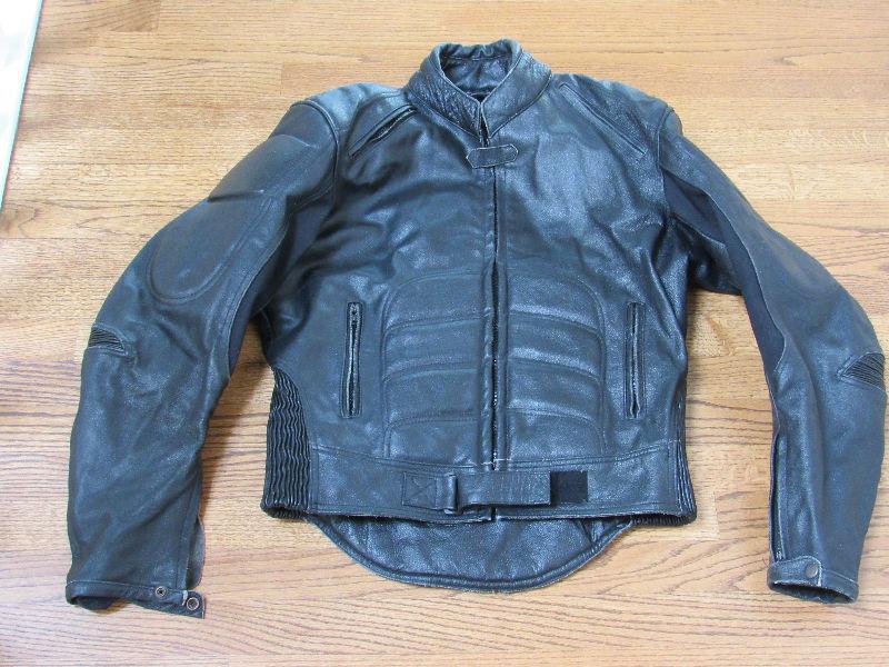 Black leather motorcycle jacket, pants helmet - medium