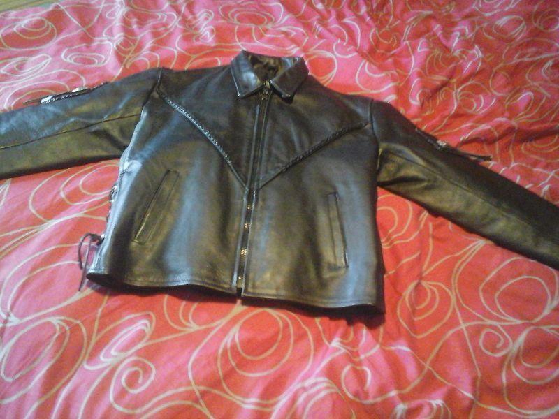 Leather motorcycle jacket and chaps