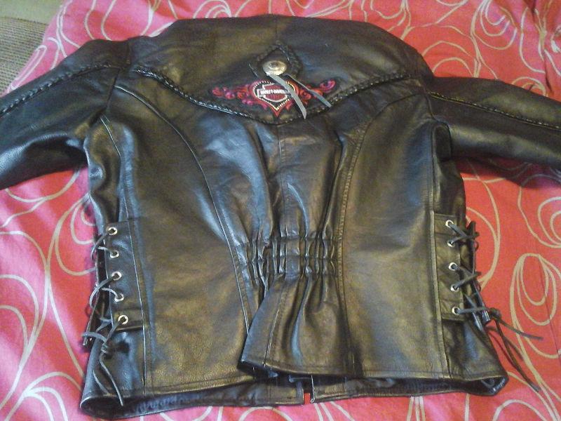 Leather motorcycle jacket and chaps