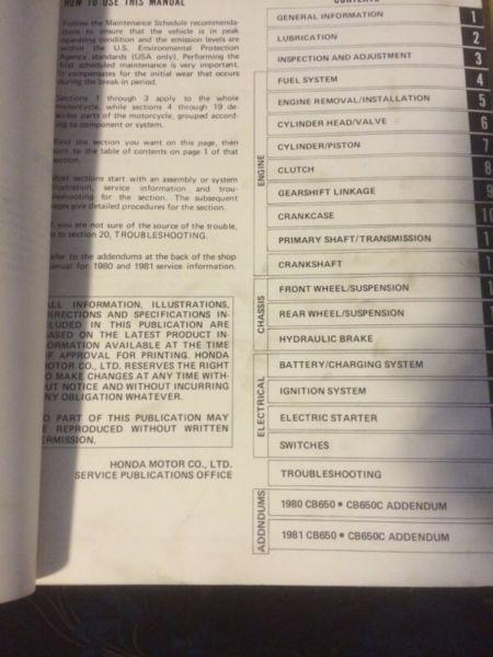 1979 - 1982 Honda CB650 Shop Manual
