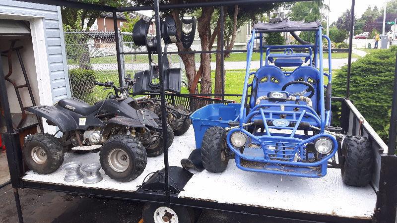 Trailer with 125cc dune buggy and two 90cc atvs