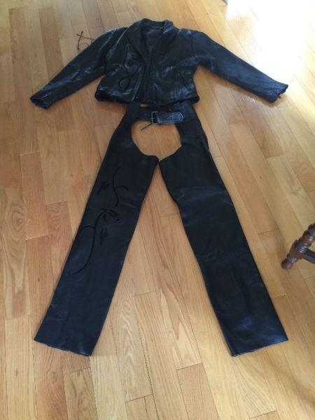 MOTORCYCLE LEATHER JACKET AND CHAPS
