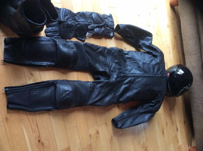 Leather suit ,boots ,gloves and 2 helmets