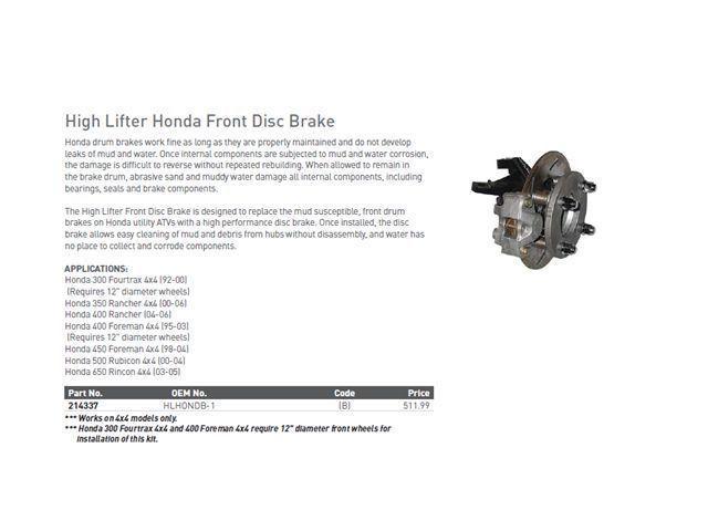 High Lifter Front Disc Brake Conversion Kit for Honda