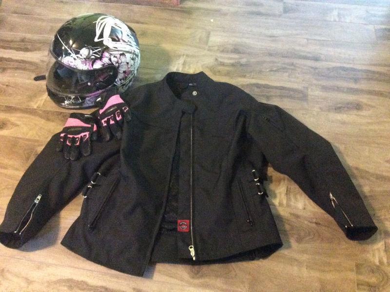 Women's helmet, jacket, and gloves