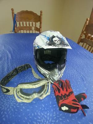 motorcycle helmet, gloves and goggles