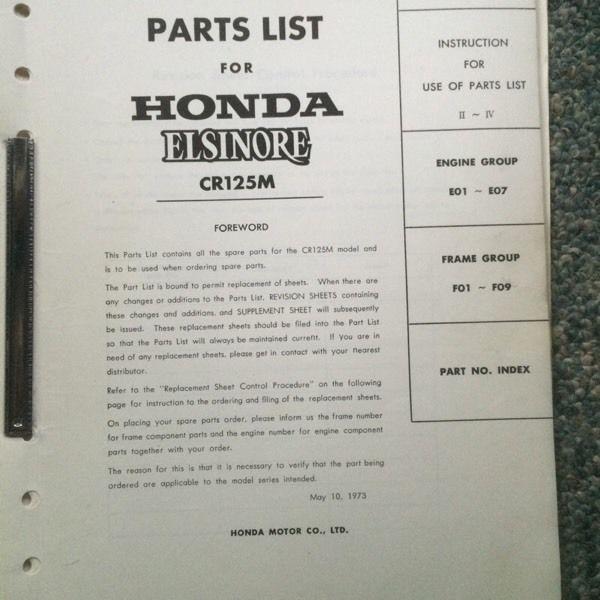 1973 Honda Elsinore CR125M Parts List