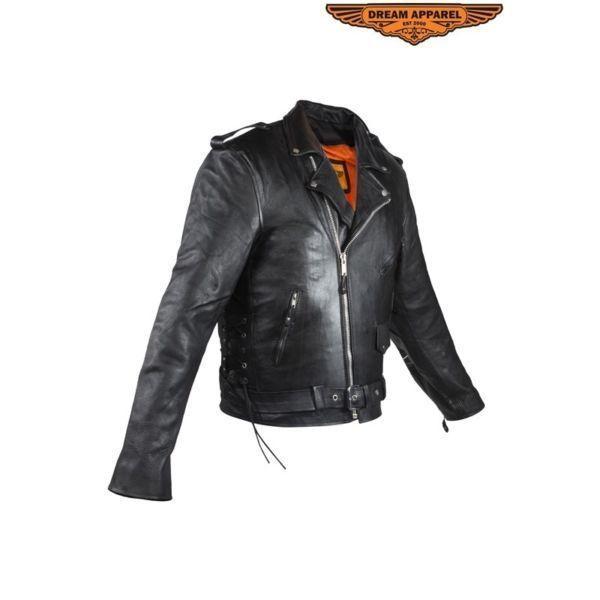 Mens Naked Cowhide Leather Motorcycle Jacket with Side Laces