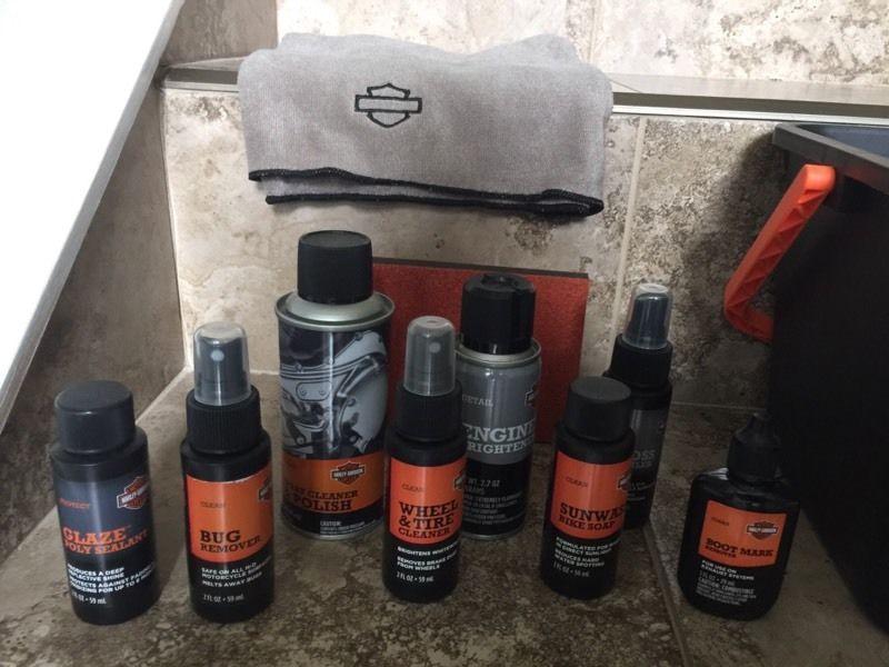 Harley Davidson wash bucket and cleaning supplies